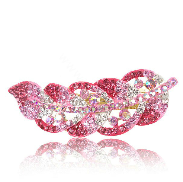 Rhinestone Crystal Leaf Hair Barrette Clip Metal Hair Slide - Pink
