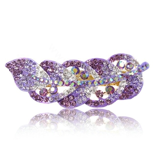 Rhinestone Crystal Leaf Hair Barrette Clip Metal Hair Slide - Purple