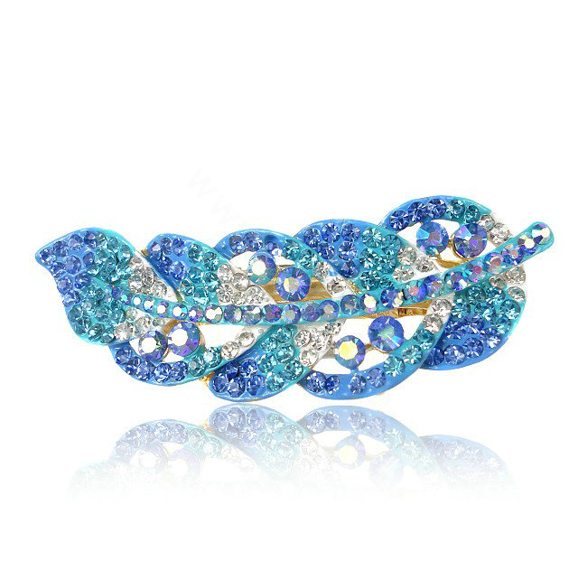 Rhinestone Crystal Leaf Hair Barrette Clip Metal Hair Slide - Sky Blue