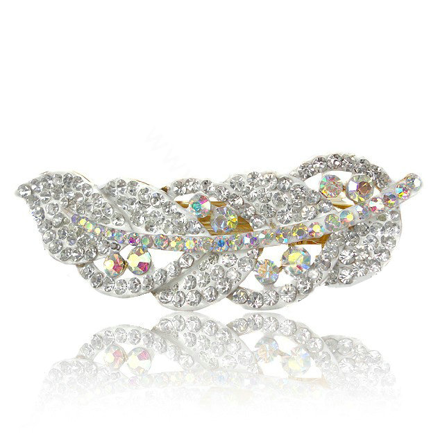 Rhinestone Crystal Leaf Hair Barrette Clip Metal Hair Slide - White