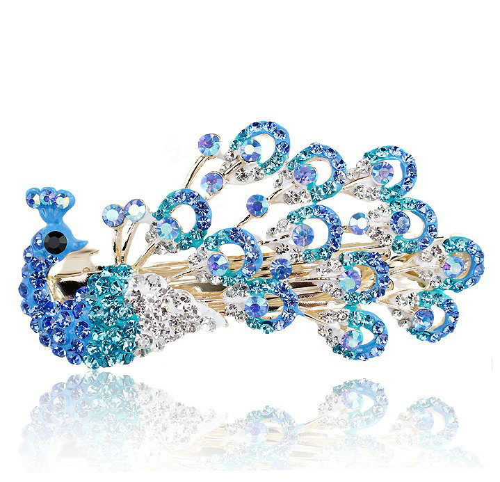 Rhinestone Crystal Peacock Hair Barrette Clip Metal Hair Slide - Blue