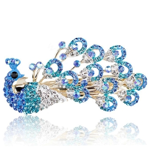 Rhinestone Crystal Peacock Hair Barrette Clip Metal Hair Slide - Blue