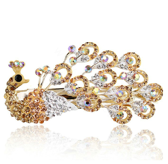 Rhinestone Crystal Peacock Hair Barrette Clip Metal Hair Slide - Champagne