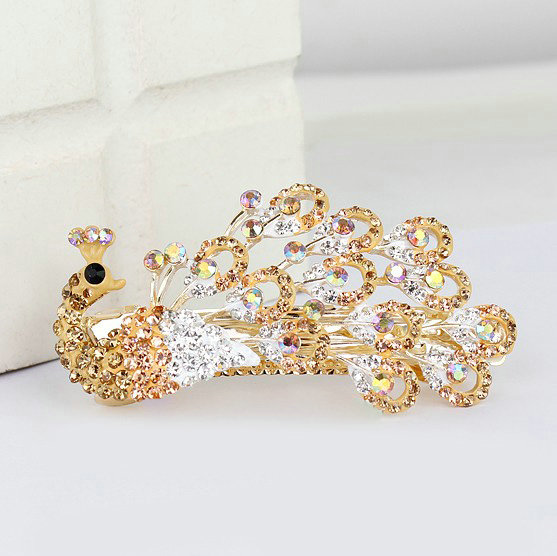 Rhinestone Crystal Peacock Hair Barrette Clip Metal Hair Slide - Champagne