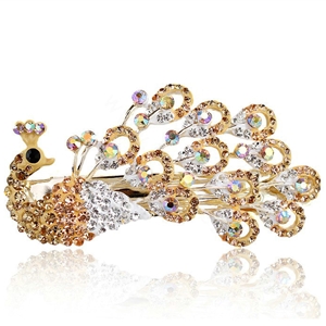 Rhinestone Crystal Peacock Hair Barrette Clip Metal Hair Slide - Champagne