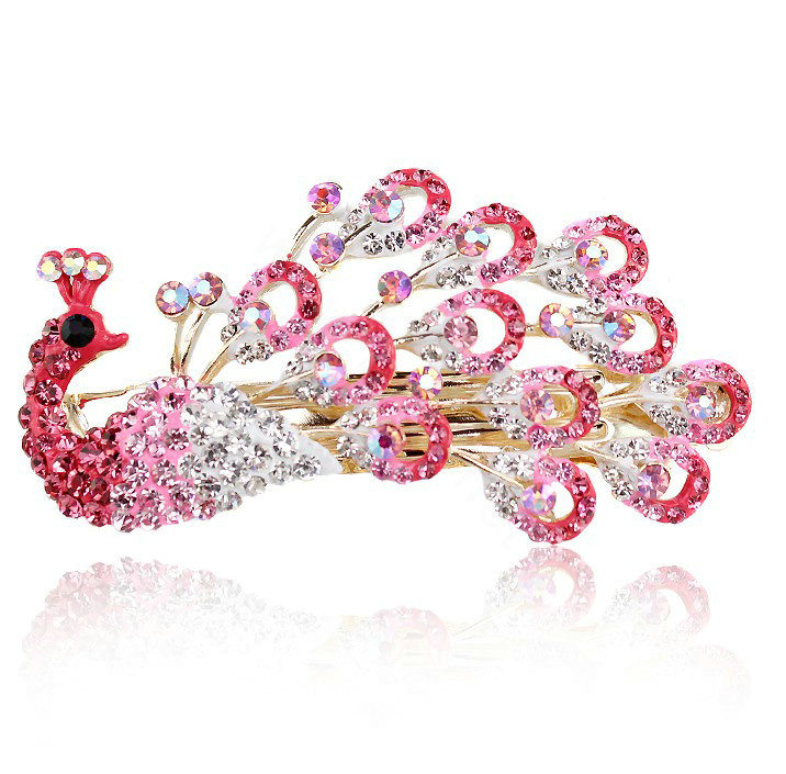 Rhinestone Crystal Peacock Hair Barrette Clip Metal Hair Slide - Pink
