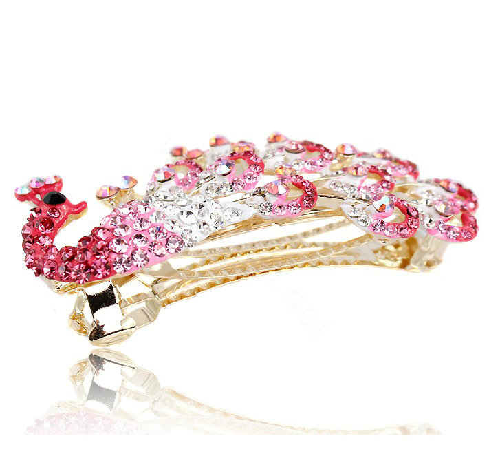 Rhinestone Crystal Peacock Hair Barrette Clip Metal Hair Slide - Pink