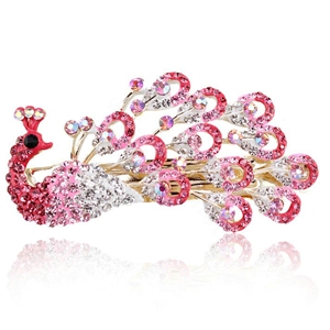 Rhinestone Crystal Peacock Hair Barrette Clip Metal Hair Slide - Pink