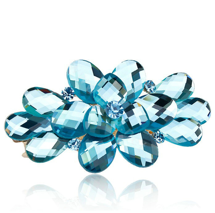 Big Crystal Rhinestone Flower Hair Barrette Clip Metal Hairpin - Blue
