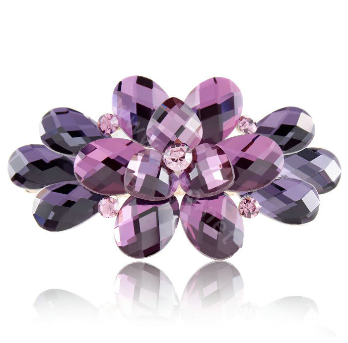 Big Crystal Rhinestone Flower Hair Barrette Clip Metal Hairpin - Purple