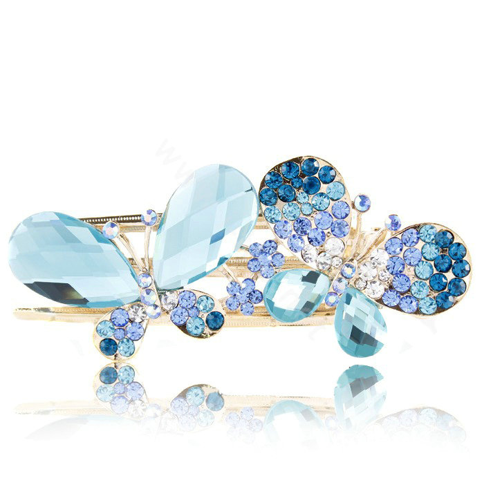 Bling Crystal Rhinestone Butterfly Hair Barrette Clip Metal Hairpin - Blue