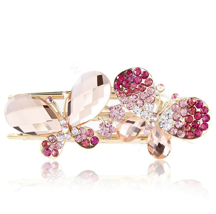 Bling Crystal Rhinestone Butterfly Hair Barrette Clip Metal Hairpin - Pink