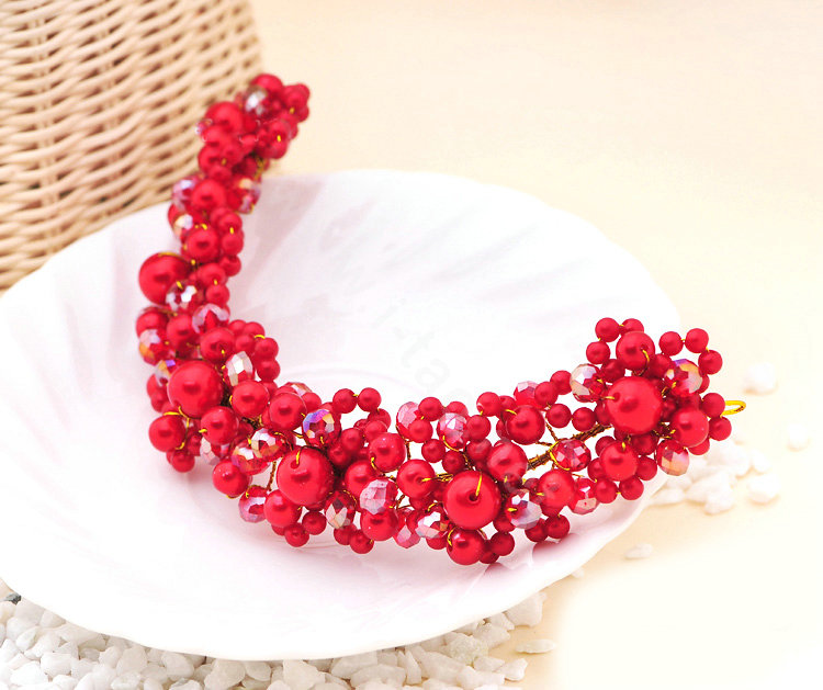 Bridal Jewelry Red crystal pearl headpiece headband floral Wedding hair accessories