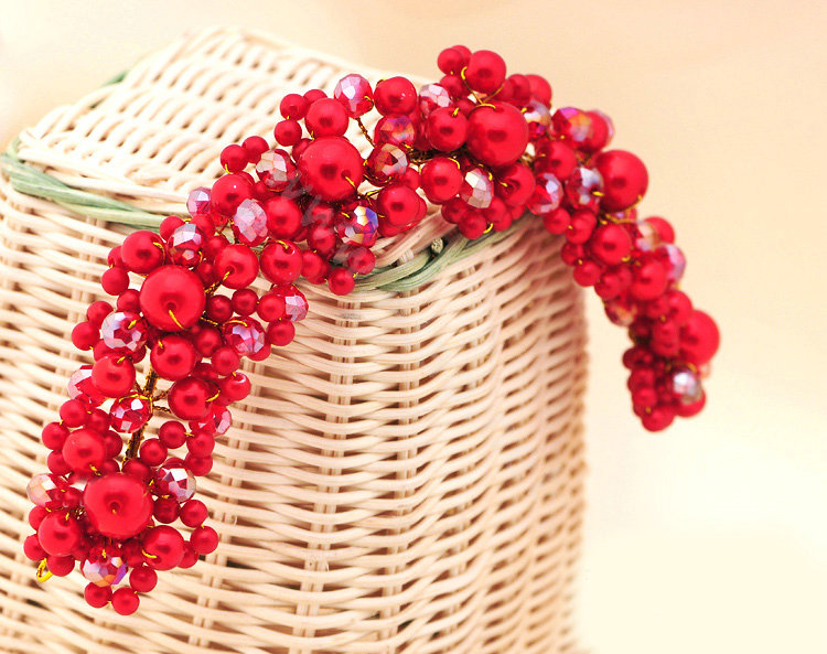 Bridal Jewelry Red crystal pearl headpiece headband floral Wedding hair accessories