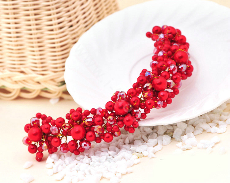 Bridal Jewelry Red crystal pearl headpiece headband floral Wedding hair accessories