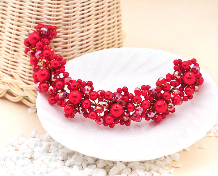 Bridal Jewelry Red crystal pearl headpiece headband floral Wedding hair accessories
