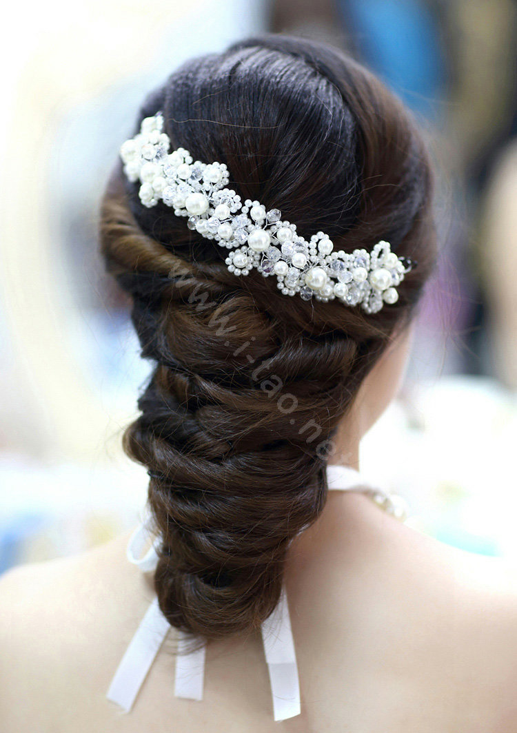 Bridal Jewelry White crystal pearl headpiece headband floral Wedding hair accessories