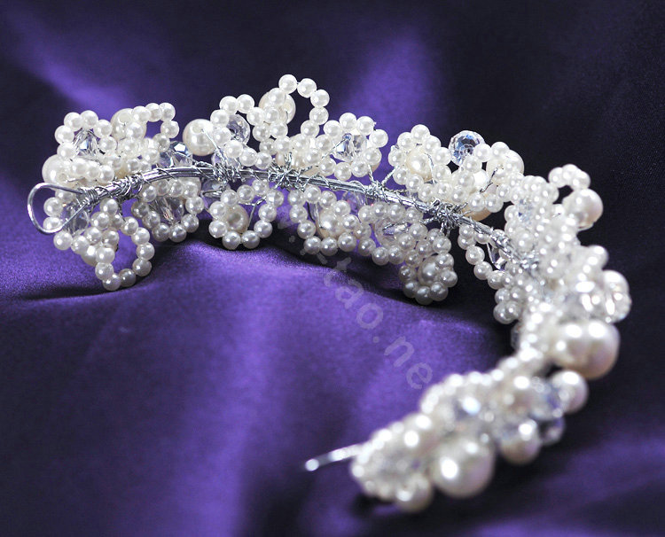 Bridal Jewelry White crystal pearl headpiece headband floral Wedding hair accessories