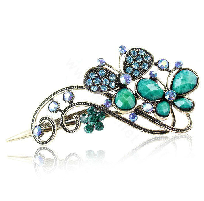 Crystal Rhinestone Butterfly Retro Hairpin Duckbill Clip Hair Slide Clamp - Blue