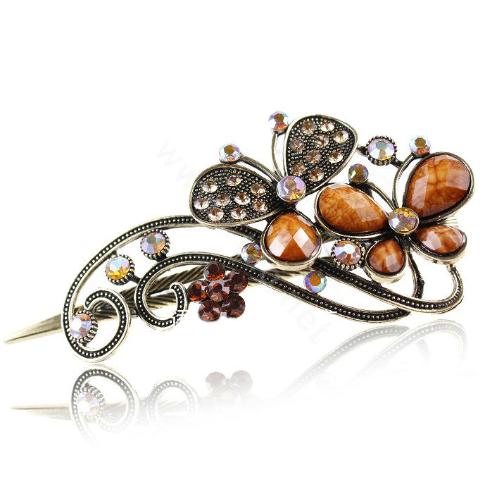 Crystal Rhinestone Butterfly Retro Hairpin Duckbill Clip Hair Slide Clamp - Coffee