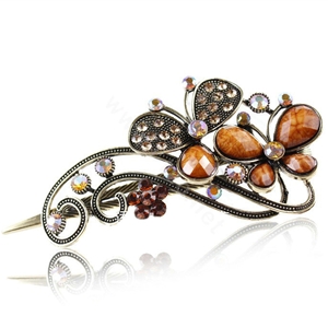Crystal Rhinestone Butterfly Retro Hairpin Duckbill Clip Hair Slide Clamp - Coffee