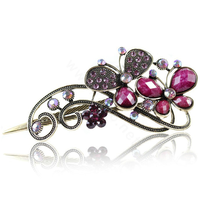 Crystal Rhinestone Butterfly Retro Hairpin Duckbill Clip Hair Slide Clamp - Purple