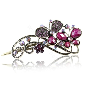 Crystal Rhinestone Butterfly Retro Hairpin Duckbill Clip Hair Slide Clamp - Purple