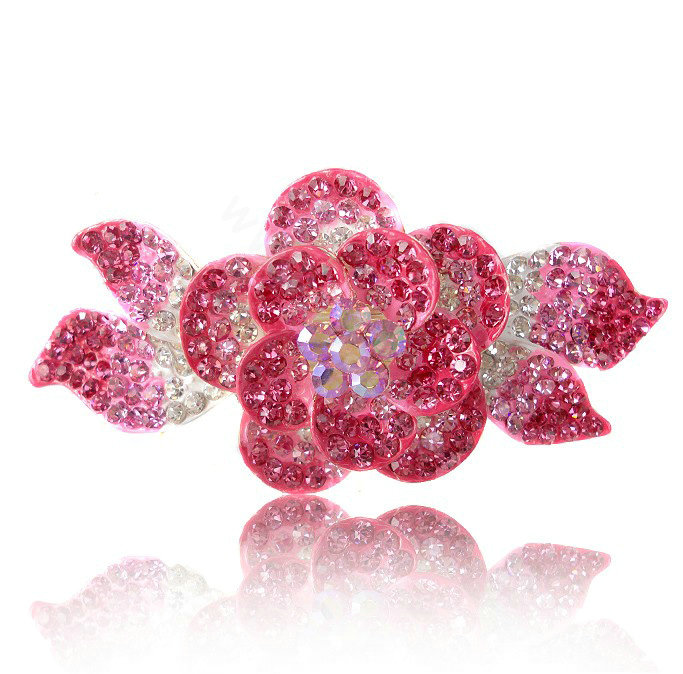 Crystal Rhinestone Elegant Flower Hair Barrette Clip Metal Hairpin - Pink