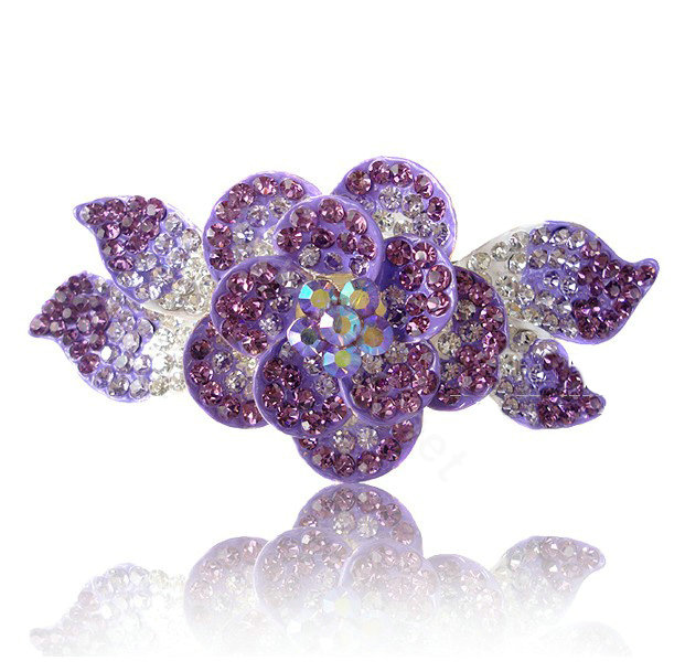 Crystal Rhinestone Elegant Flower Hair Barrette Clip Metal Hairpin - Purple