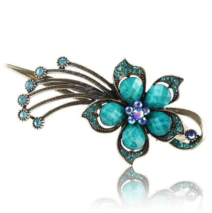 Crystal Rhinestone Flower Retro Hairpin Duckbill Clip Hair Slide Clamp - Blue