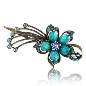 Crystal Rhinestone Flower Retro Hairpin Duckbill Clip Hair Slide Clamp - Blue