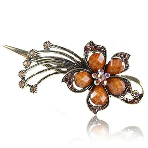 Crystal Rhinestone Flower Retro Hairpin Duckbill Clip Hair Slide Clamp - Coffee