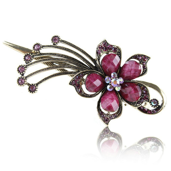 Crystal Rhinestone Flower Retro Hairpin Duckbill Clip Hair Slide Clamp - Purple