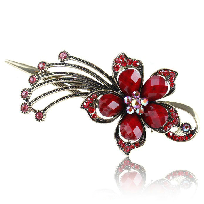 Crystal Rhinestone Flower Retro Hairpin Duckbill Clip Hair Slide Clamp - Red