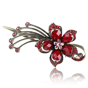Crystal Rhinestone Flower Retro Hairpin Duckbill Clip Hair Slide Clamp - Red