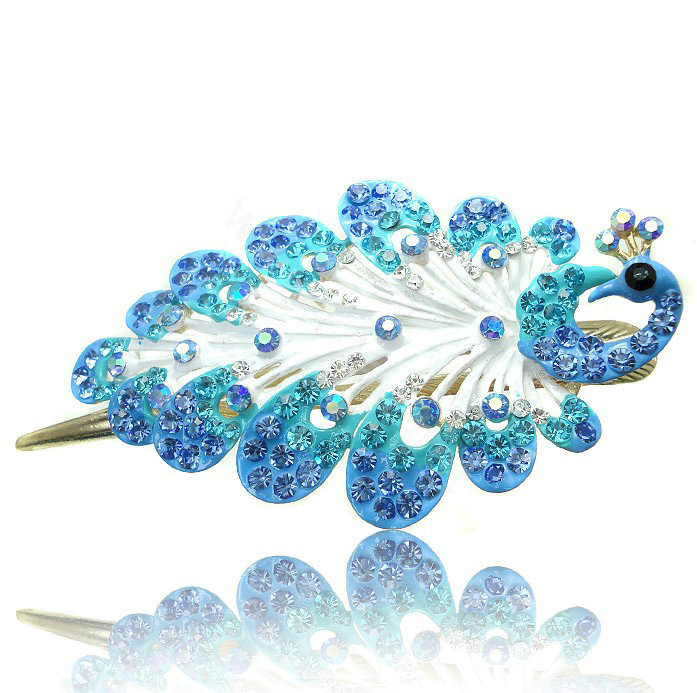 Crystal Rhinestone Peacock Bridal Hairpin Duckbill Clip Hair Slide Clamp - Blue