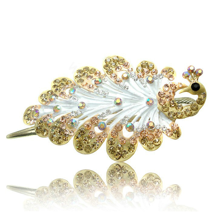 Crystal Rhinestone Peacock Bridal Hairpin Duckbill Clip Hair Slide Clamp - Champagne