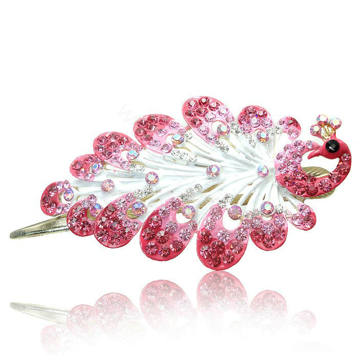 Crystal Rhinestone Peacock Bridal Hairpin Duckbill Clip Hair Slide Clamp - Pink