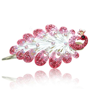 Crystal Rhinestone Peacock Bridal Hairpin Duckbill Clip Hair Slide Clamp - Pink