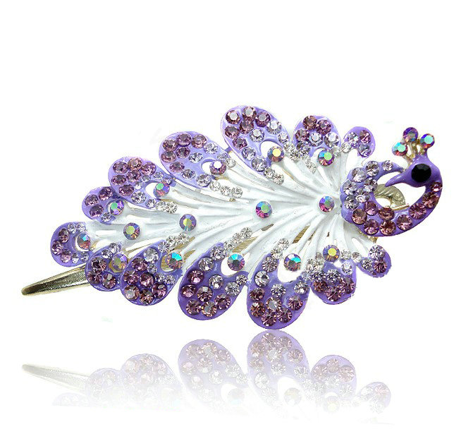 Crystal Rhinestone Peacock Bridal Hairpin Duckbill Clip Hair Slide Clamp - Purple