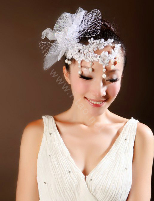 Wedding Bride Jewelry Crystal Headband Headwear Lace Pearl Flower Hairpin hat