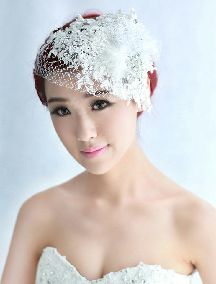 Wedding Bride Jewelry Crystal Lace Feather Headband Gauze Headpiece Flower Hair Accessories