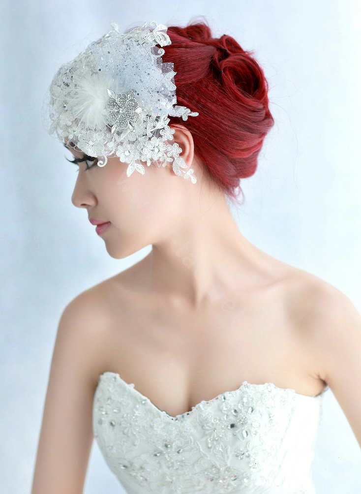 Wedding Bride Jewelry Crystal Lace Feather Headband Gauze Headpiece Flower Hair Accessories