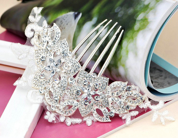 Wedding Bride Jewelry Crystal Lace Hair Comb Headband Flower Hair Accessories