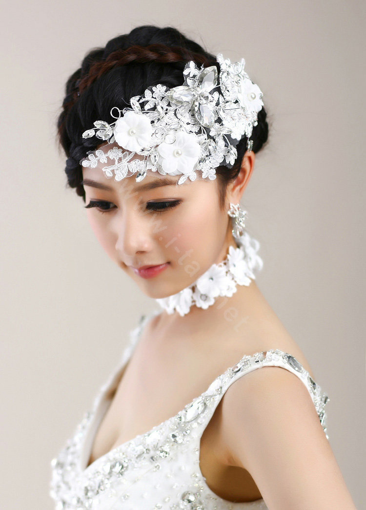 Wedding Bride Jewelry Crystal Lace Pearl Headpiece Headband Flowers Hair Accessories