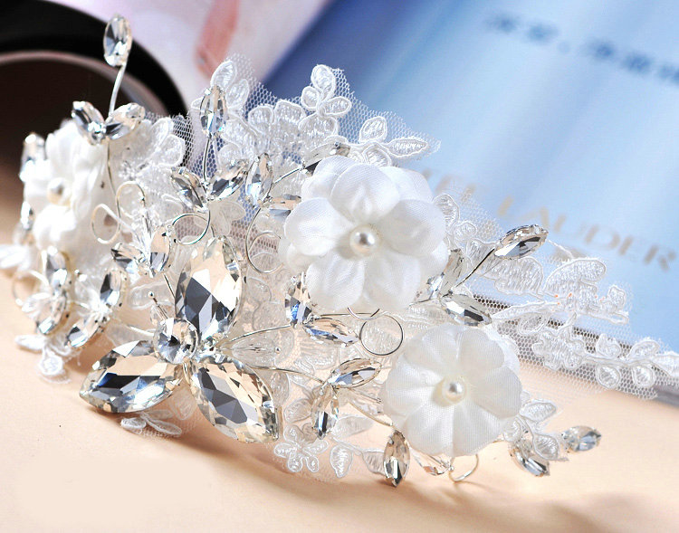 Wedding Bride Jewelry Crystal Lace Pearl Headpiece Headband Flowers Hair Accessories