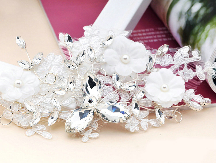 Wedding Bride Jewelry Crystal Lace Pearl Headpiece Headband Flowers Hair Accessories