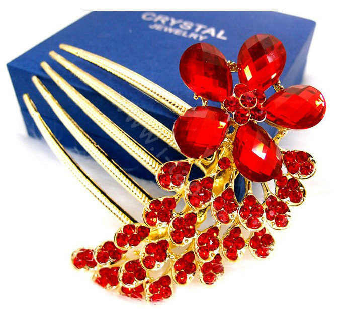 Wedding Hairpins bridal hair jewelry crystal rhinestone red Flower hair Combs