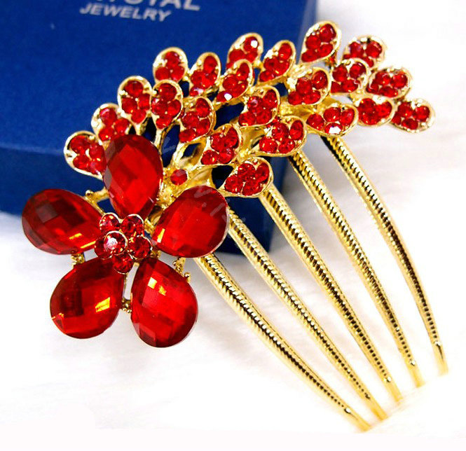 Wedding Hairpins bridal hair jewelry crystal rhinestone red Flower hair Combs