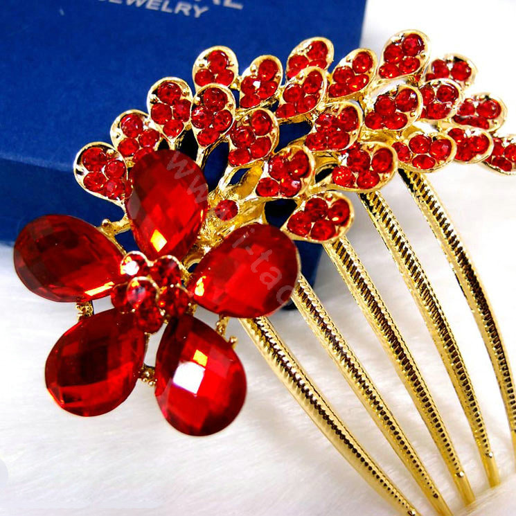 Wedding Hairpins bridal hair jewelry crystal rhinestone red Flower hair Combs